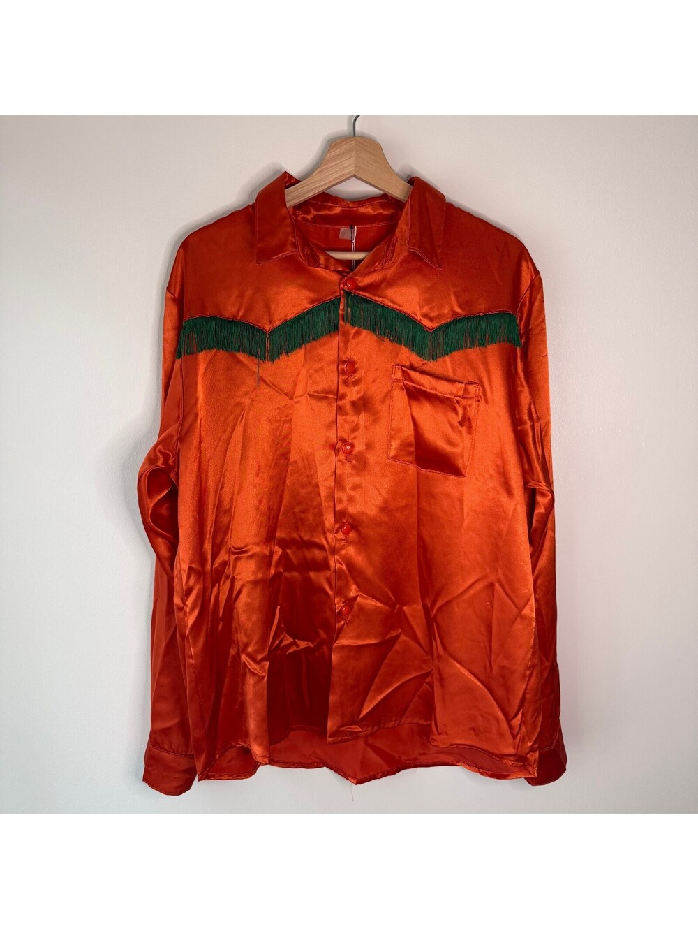 Vintage 70s Handmade Custom Orange Satin Rodeo Style Western Fringe Shirt